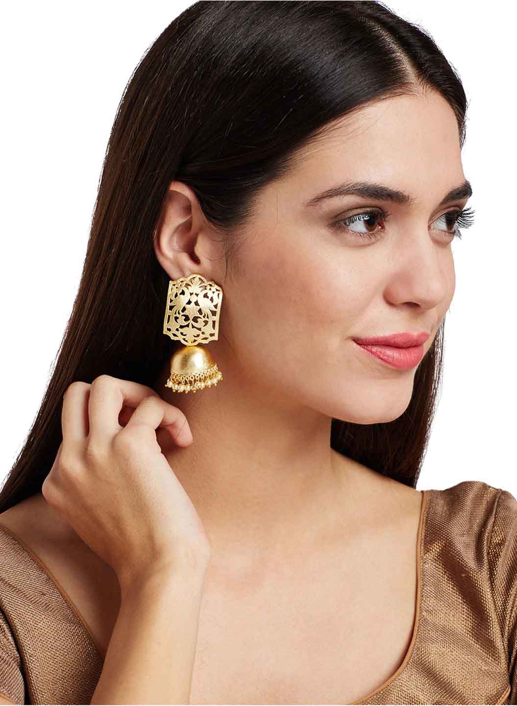 Gold-Plated & White Dome-Shaped Jhumkas
