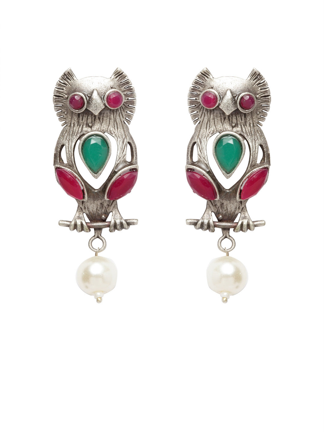 Silver-Toned & Red Contemporary Drop Earrings