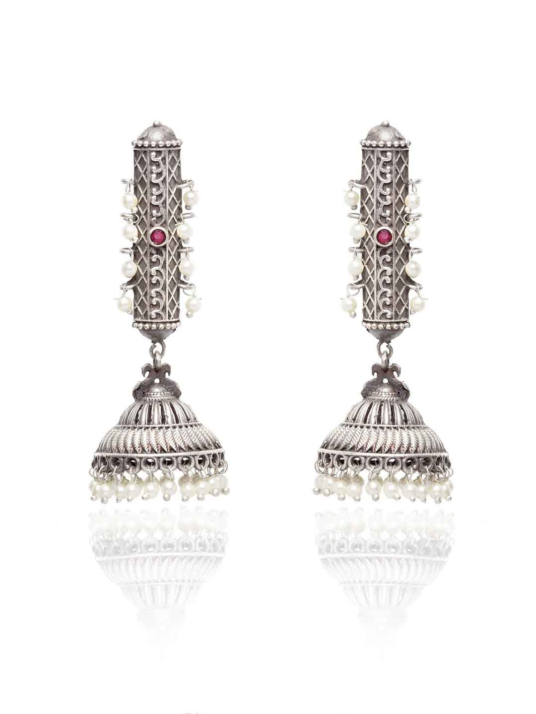 Silver-Plated Oxidized Dome Shaped Jhumkas
