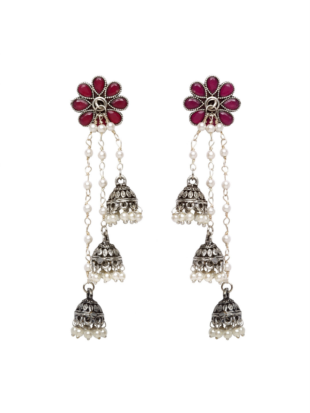 Silver_Plated & Maroon Contemporary Drop Earrings
