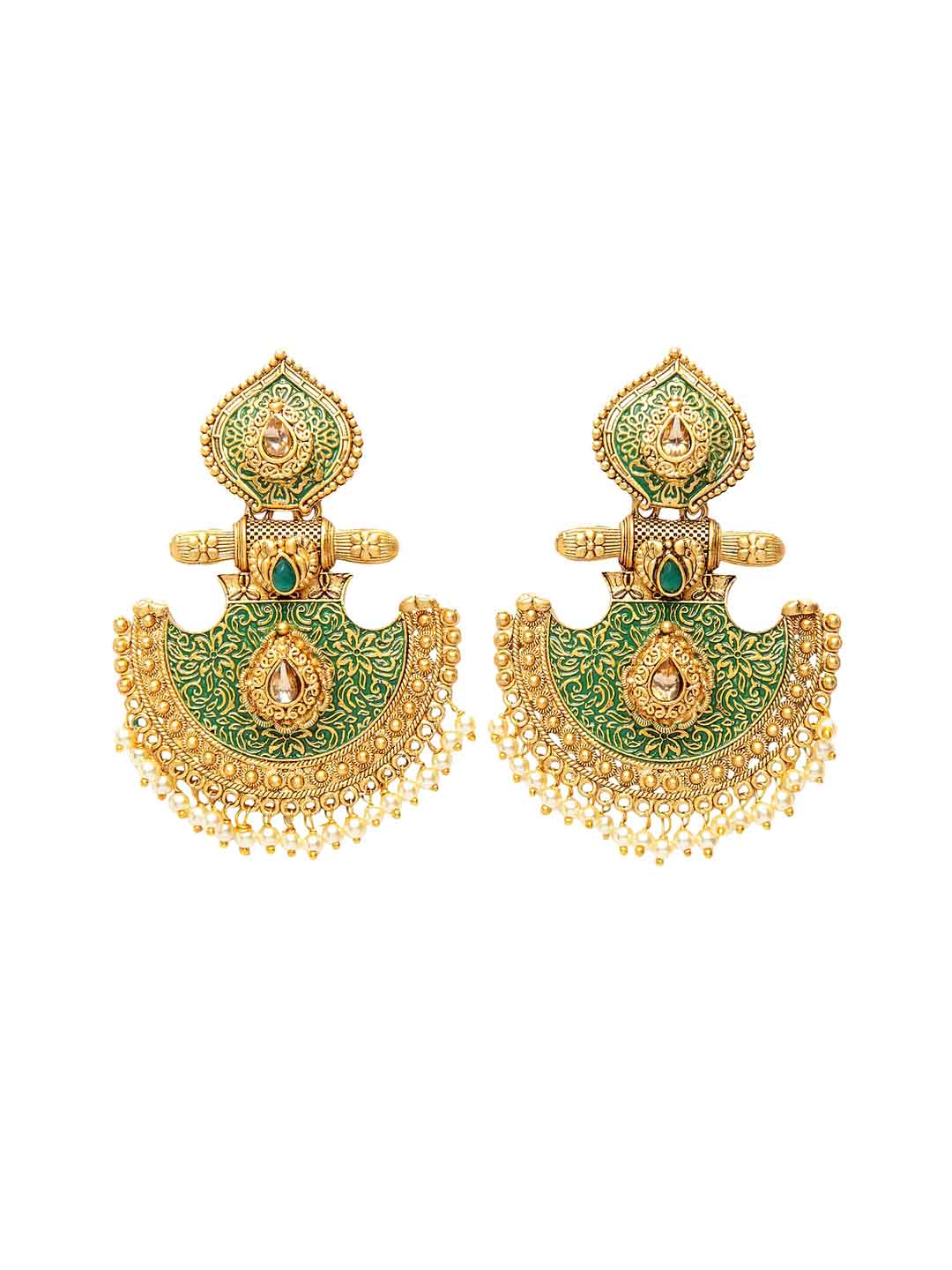 Gold-Toned & Green Geometric Handpainted Drop Earrings