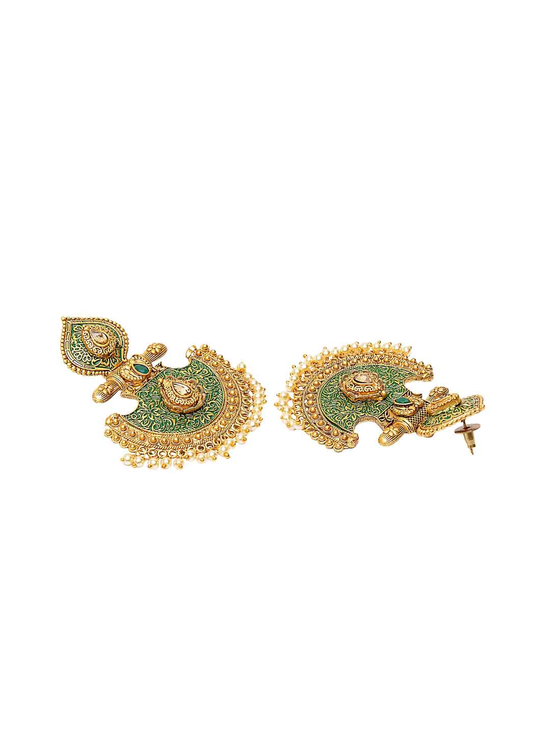 Gold-Toned & Green Geometric Handpainted Drop Earrings
