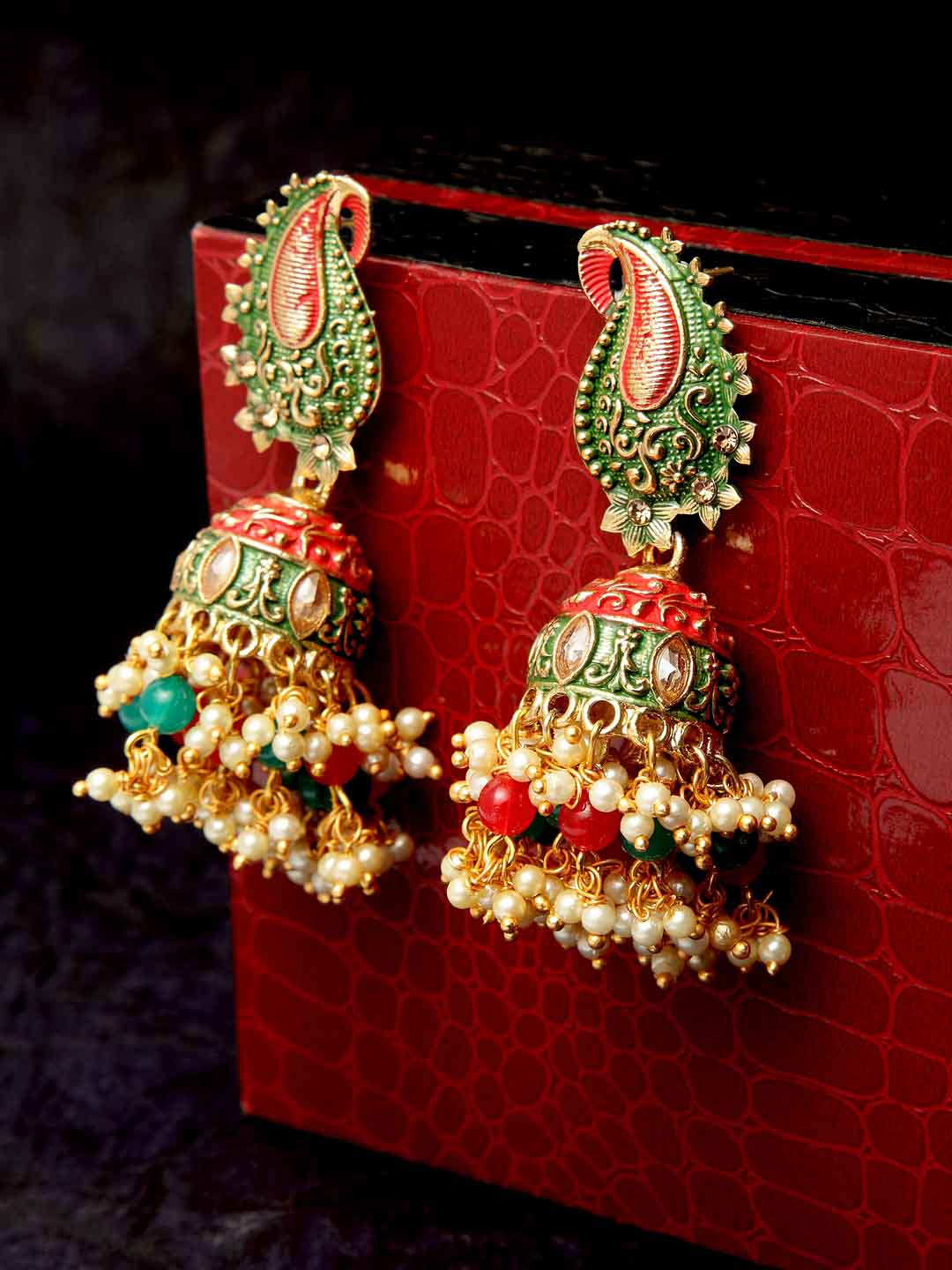 Gold-Toned & Red Dome Shaped Jhumkas