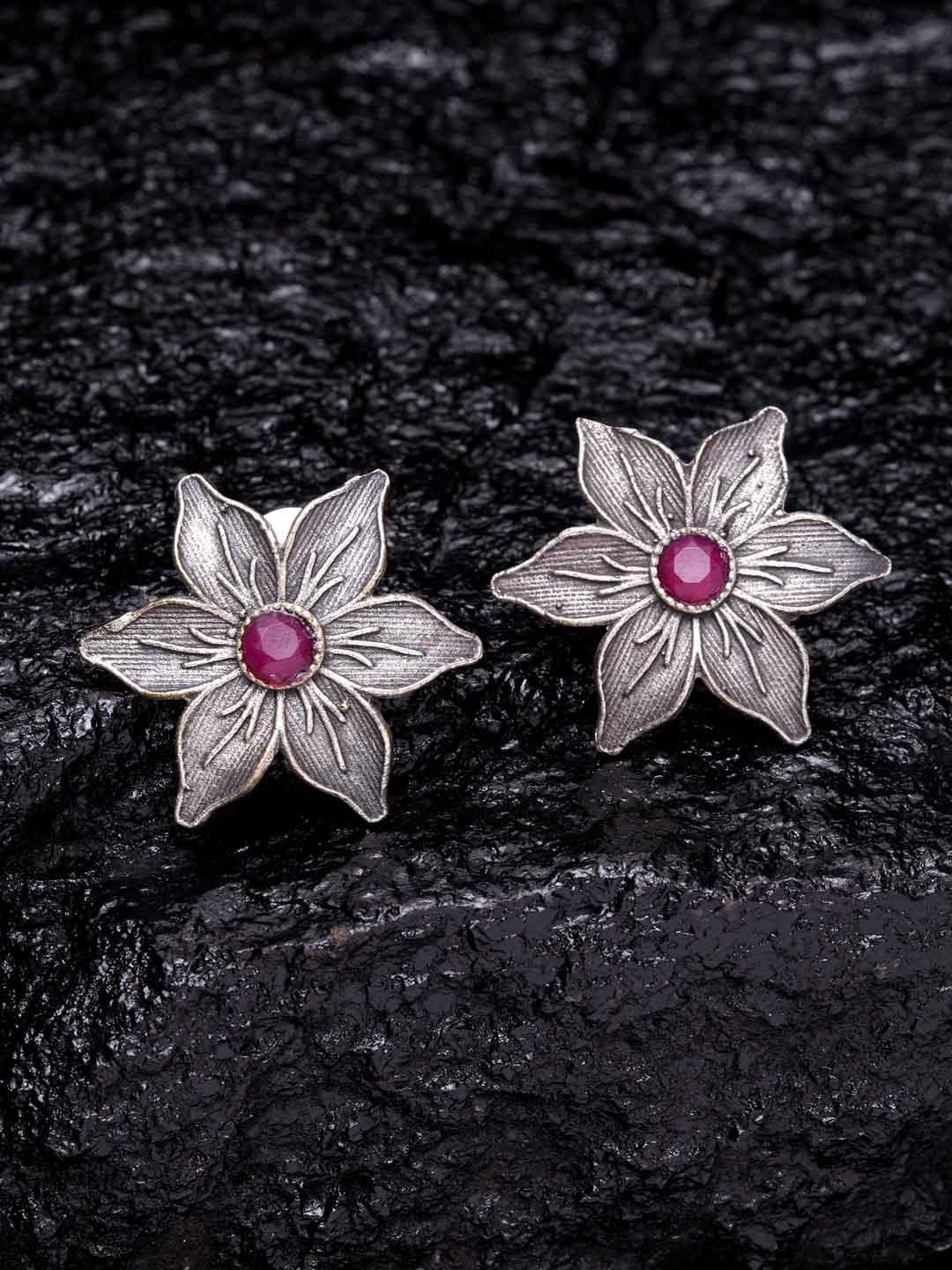 Silver-Toned & Pink Floral Studs