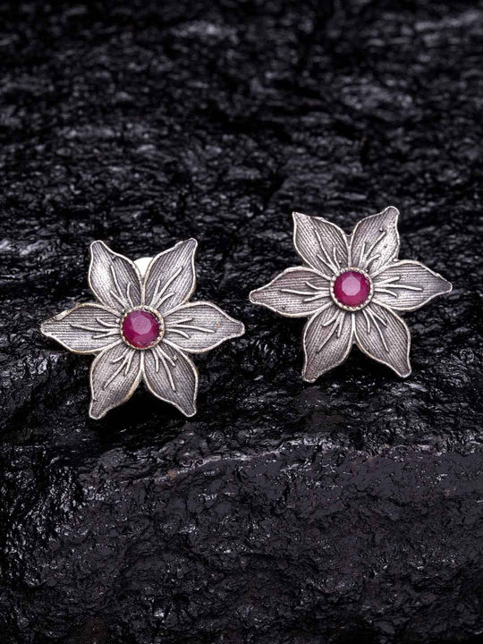 Silver-Toned & Pink Floral Studs