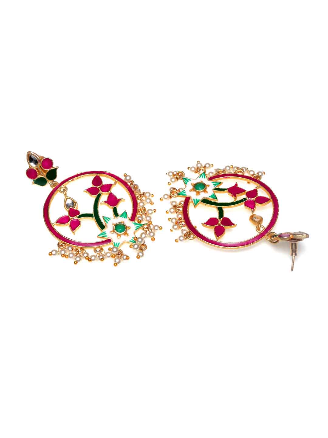 Gold-Toned & Pink Enamelled Floral Drop Earrings