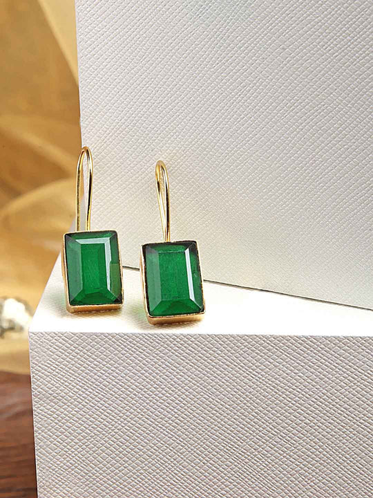 Gold-Plated Green Stone Studded Square Drop Earrings
