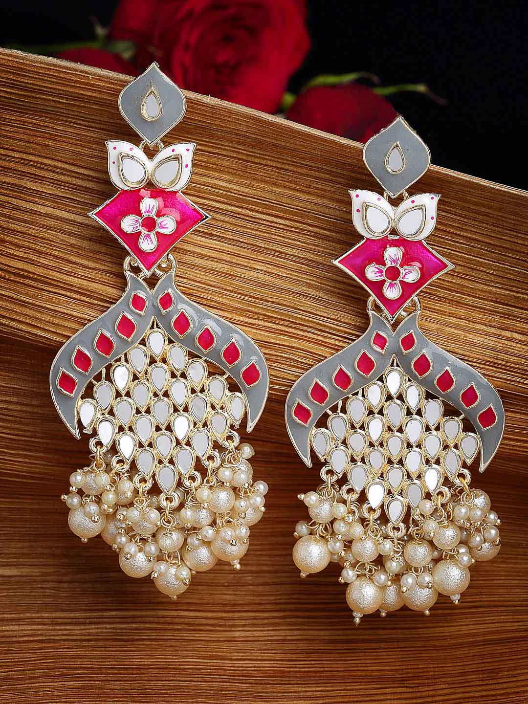Gold-Plated Mirror Work Meenakari Floral Pearl Drop Earrings