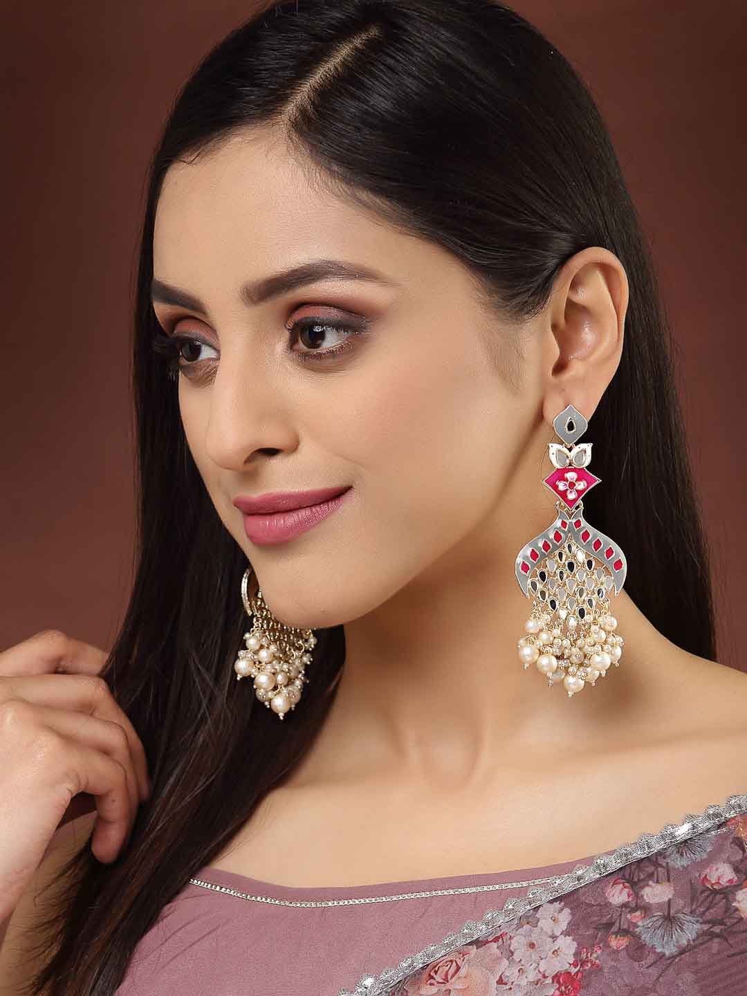 Gold-Plated Mirror Work Meenakari Floral Pearl Drop Earrings