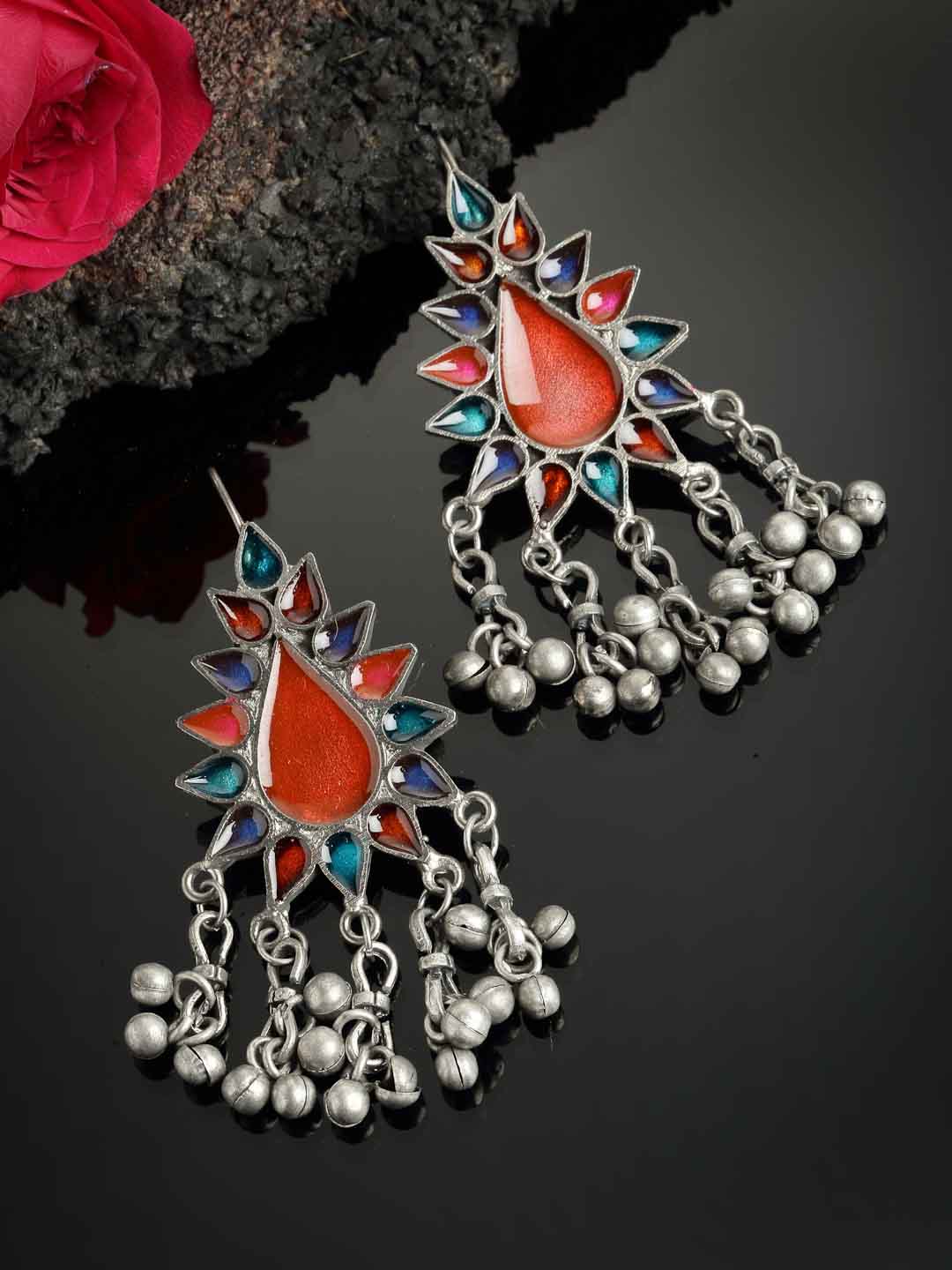 Silver-Toned Oxidized Silver-Toned Enamelled Drop Earrings