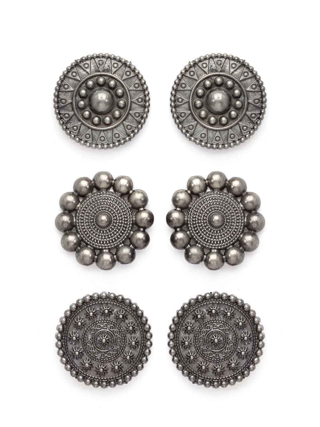 Silver-Toned Set of 3 Oxidized Circular Studded Earrings