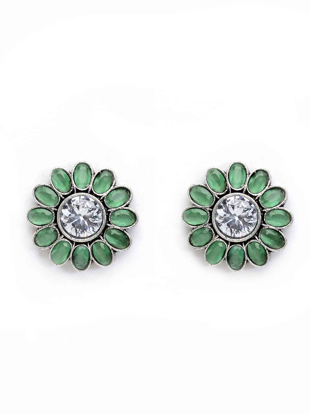 Oxidized Silver -Toned Green Stone-Studded Floral Stud Earrings