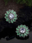 Oxidized Silver -Toned Green Stone-Studded Floral Stud Earrings