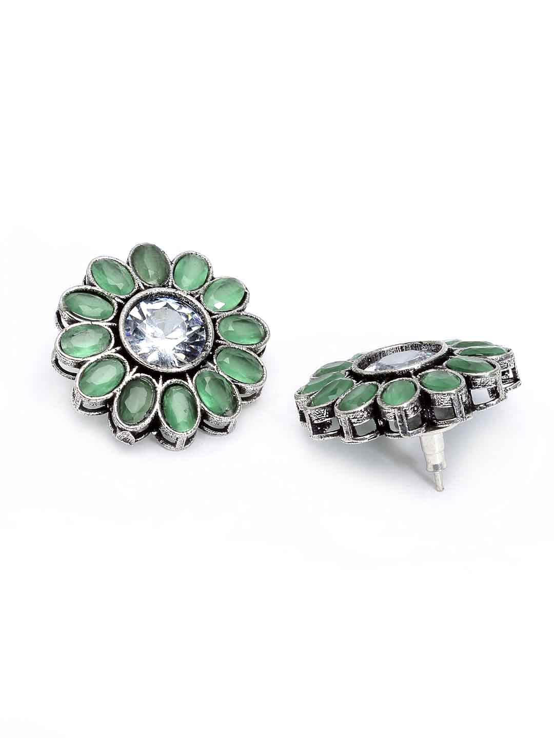 Oxidized Silver -Toned Green Stone-Studded Floral Stud Earrings