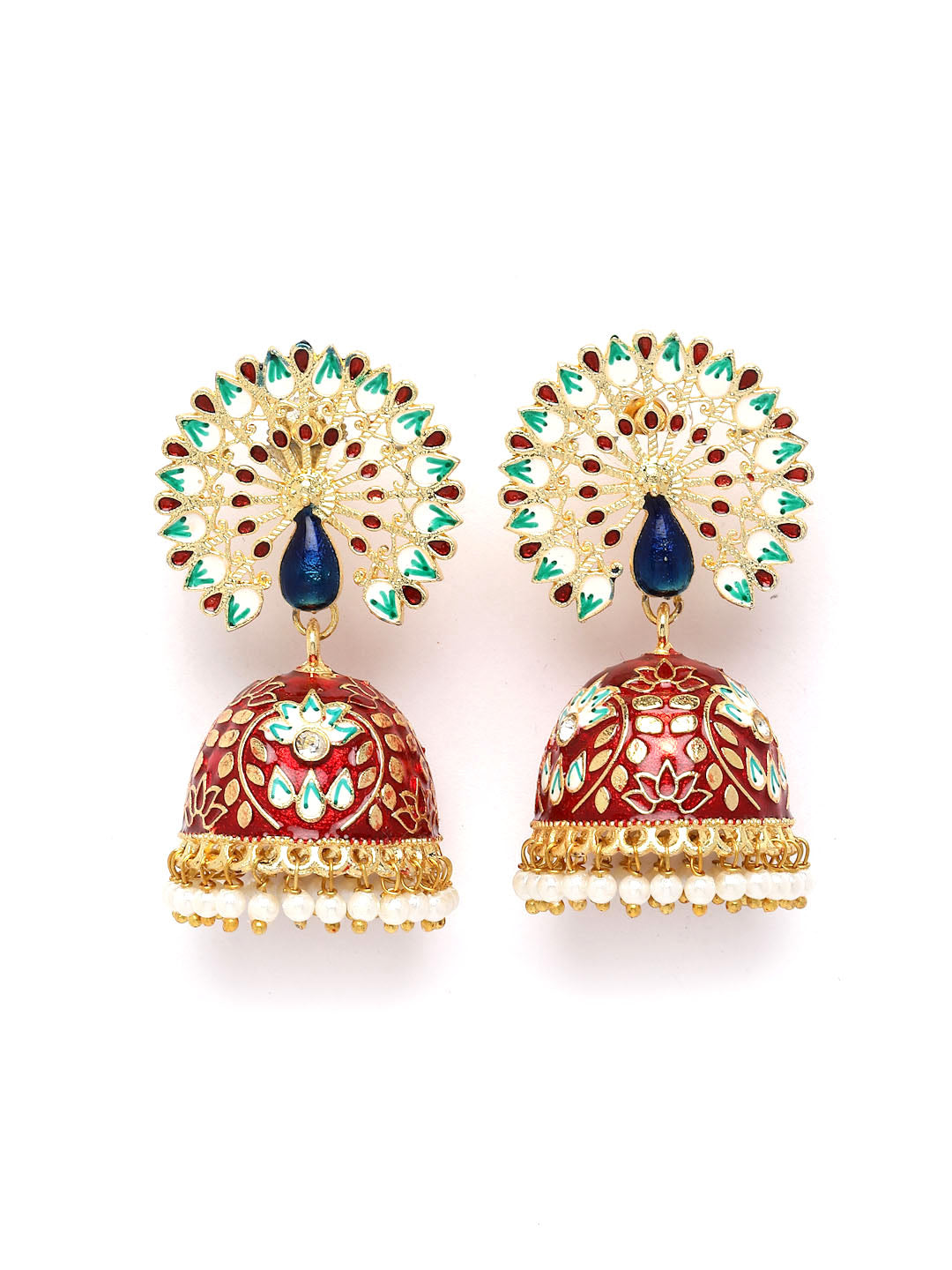 Gold-Plated Red & Blue Peacock Shaped Jhumkas Earrings