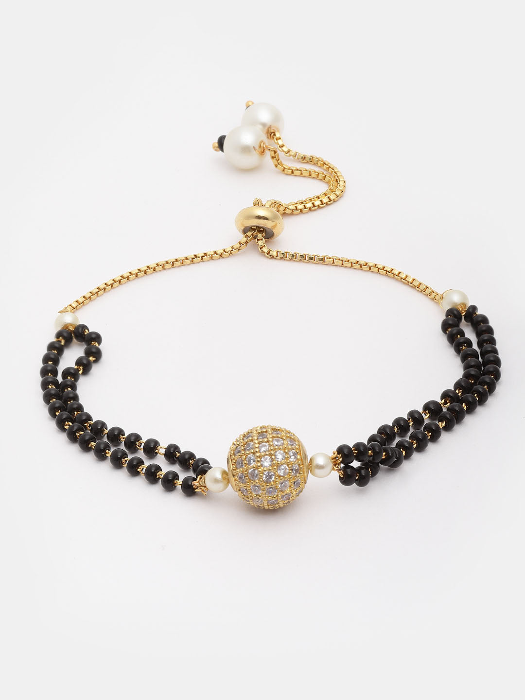 Gold-Plated Black Artificial Stones & Beads Studded Hand Mangalsutra