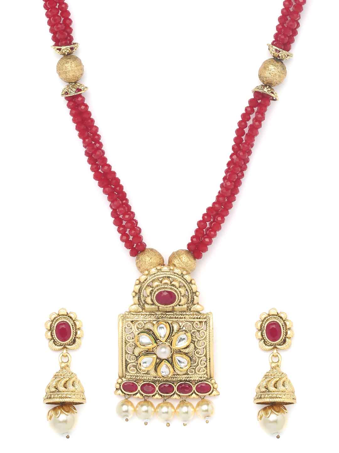 Red Gold-Plated Kundan Studded Handcrafted Jewellery Set
