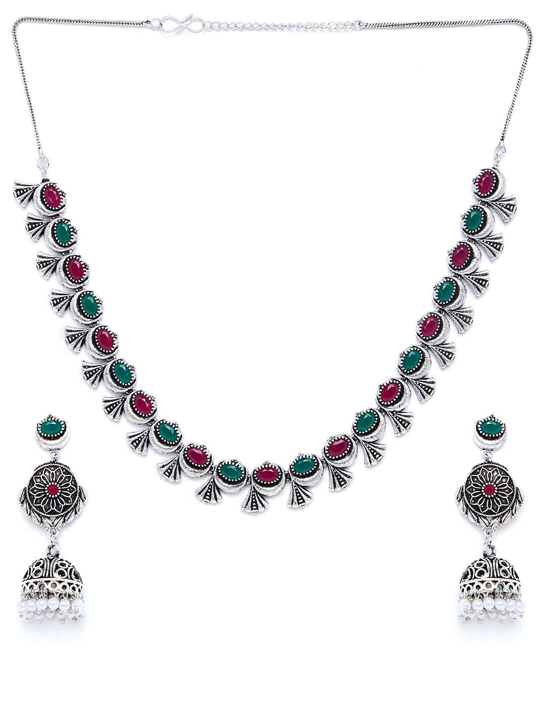 Women Silver-Plated & Red Oxidised Stone-Studded Jewellery Set