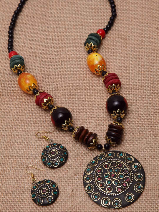 Copper-Plated Black & Green Beaded Jewellery Set