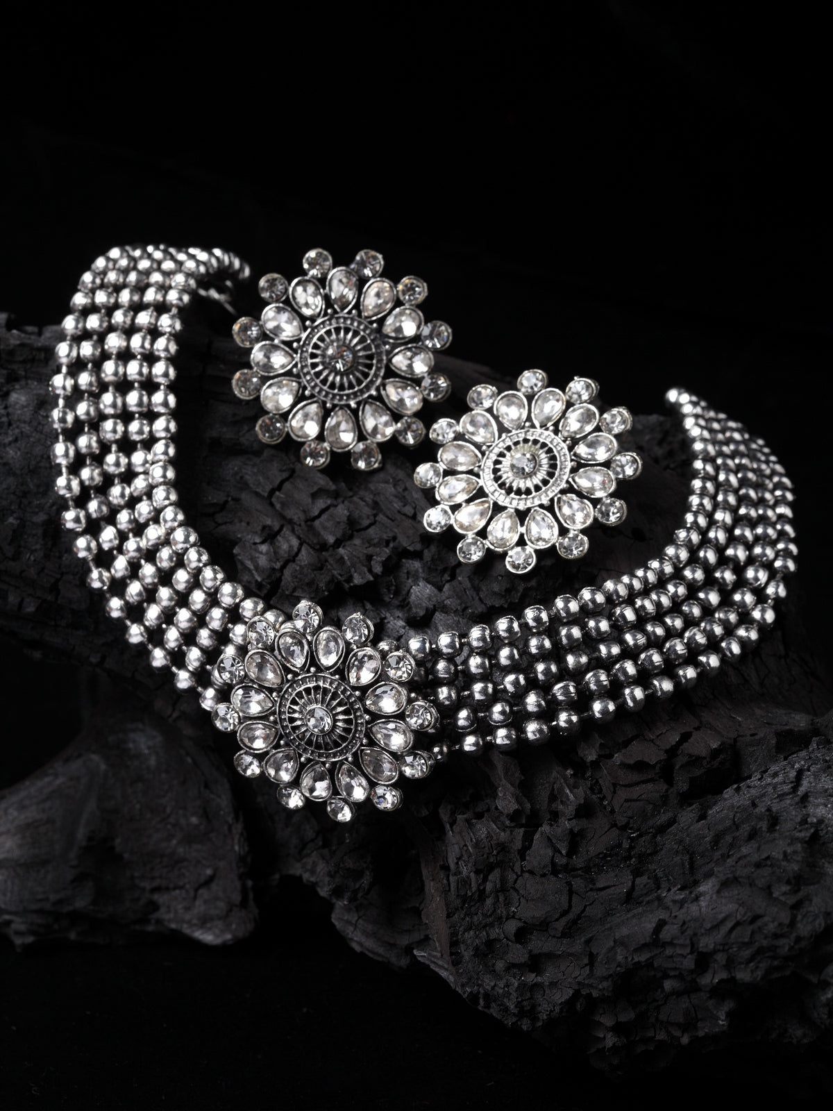 Oxidized Silver-Plated White CZ-Studded Jewellery Set