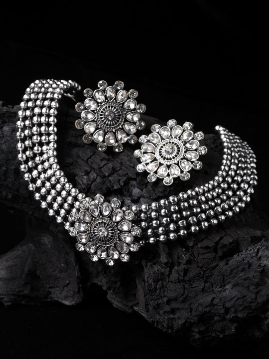 Oxidized Silver-Plated White CZ-Studded Jewellery Set