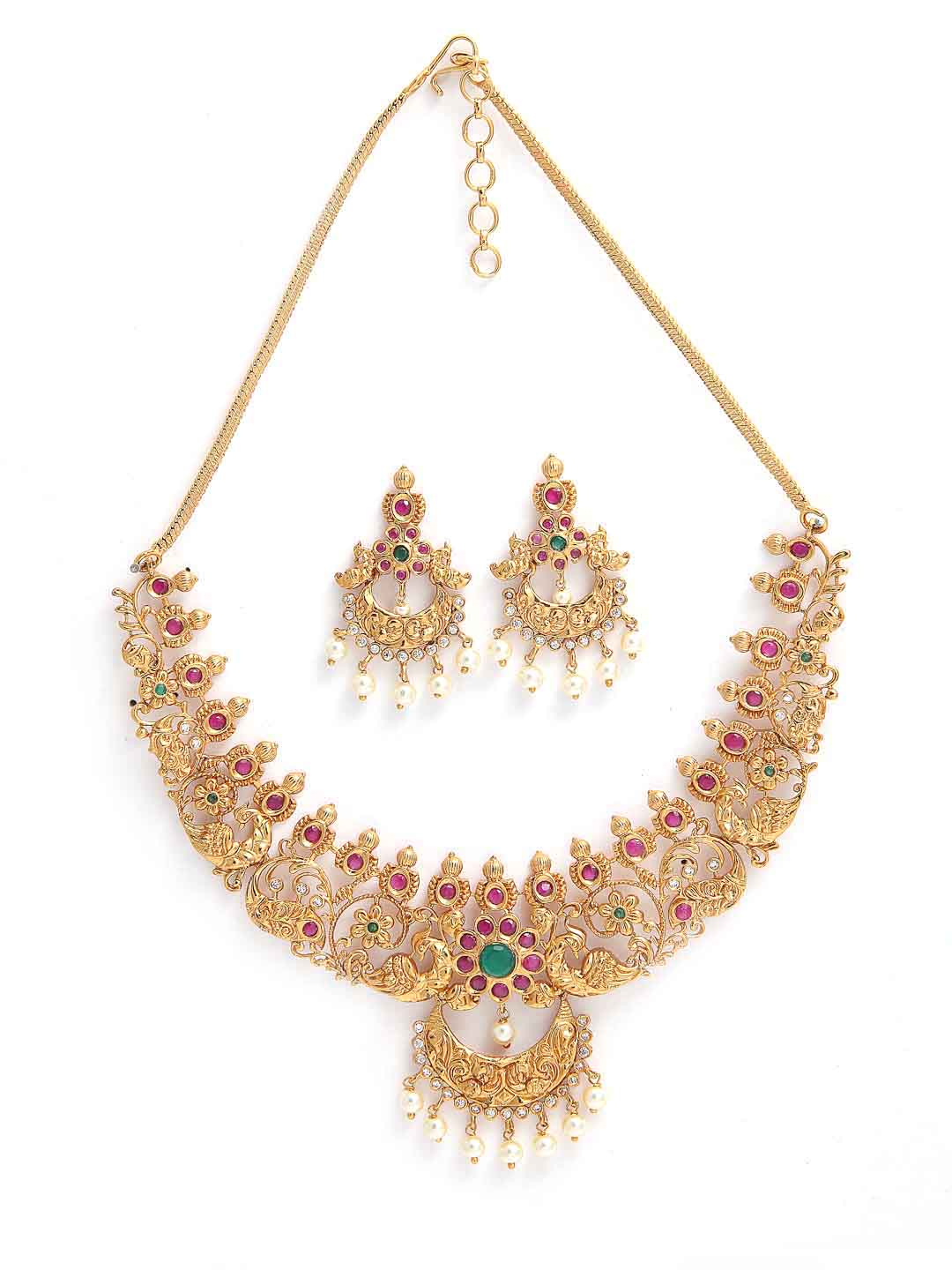 Gold-Toned Pink Stone-Studded & Pearl-Beaded Jewellery Set