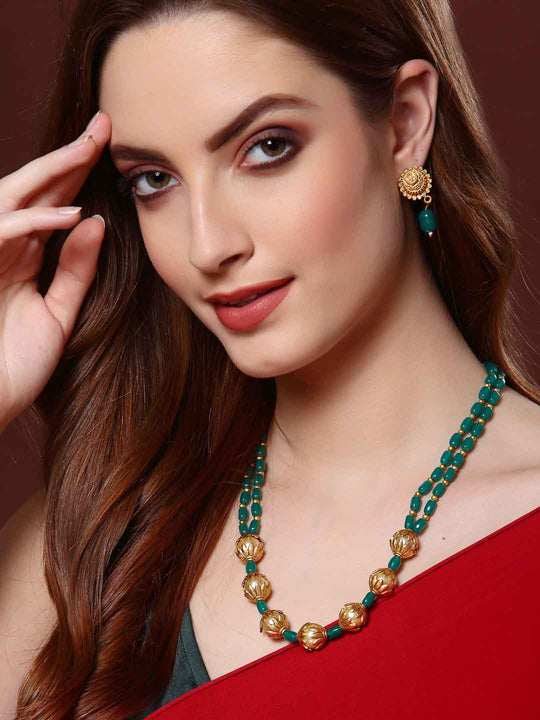 Gold-Plated & Green Beaded Jewellery Set