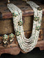 Gold-Plated White & Green Beaded Layered Necklace with Earrings
