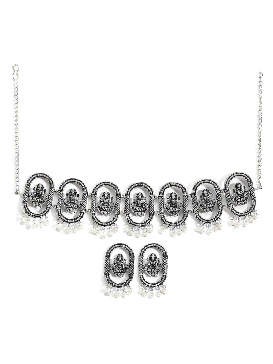 Silver-Toned Oxidized Antique Temple Choker Necklace with Earrings