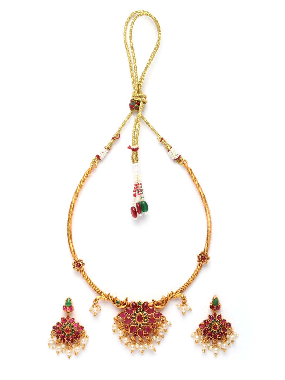 Gold-Plated & Toned Maroon Artificial Stones and Beads Jewellery Set