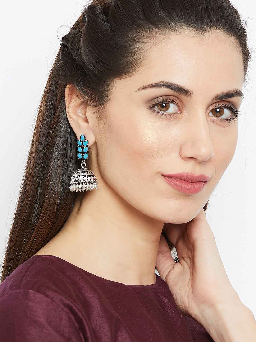 Silver-Plated & Turquoise Blue Handcrafted Dome Shaped Jhumkas