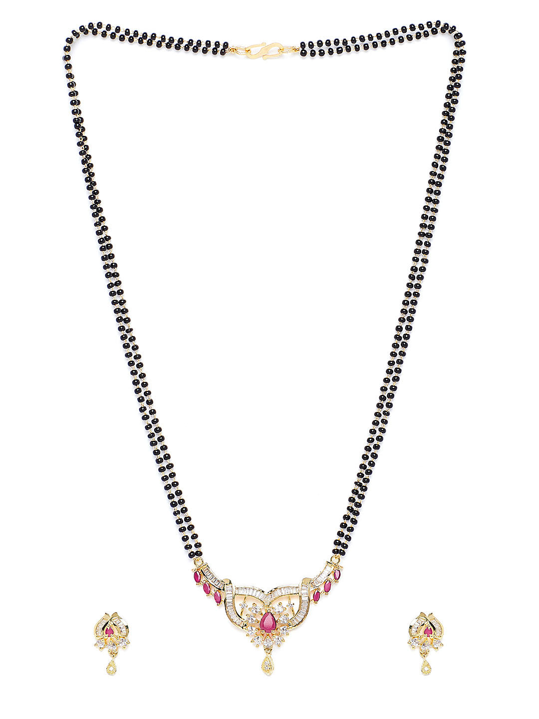 Gold-Plated Pink & White CZ Stone-Studded Mangalsutra With Earrings