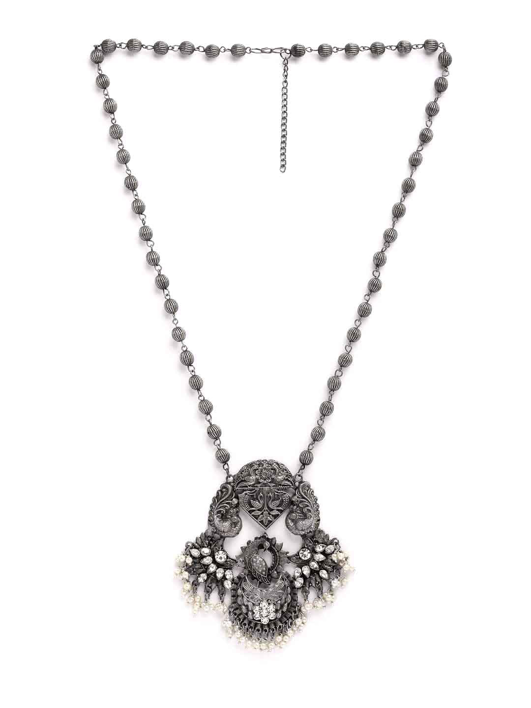 Silver-Toned Pearls & Stone Studded Oxidized Necklace