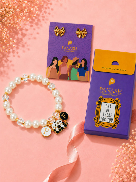 PANASH Cute Panda Charm Pearl Friendship Bracelet with Gold Earrings – Luxury Gift Set