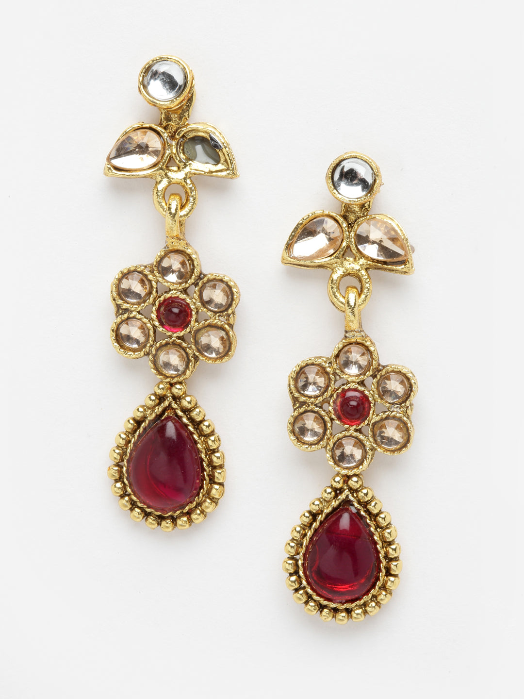 Gold-Plated & Red Stone-Studded & Beaded Jewellery Set