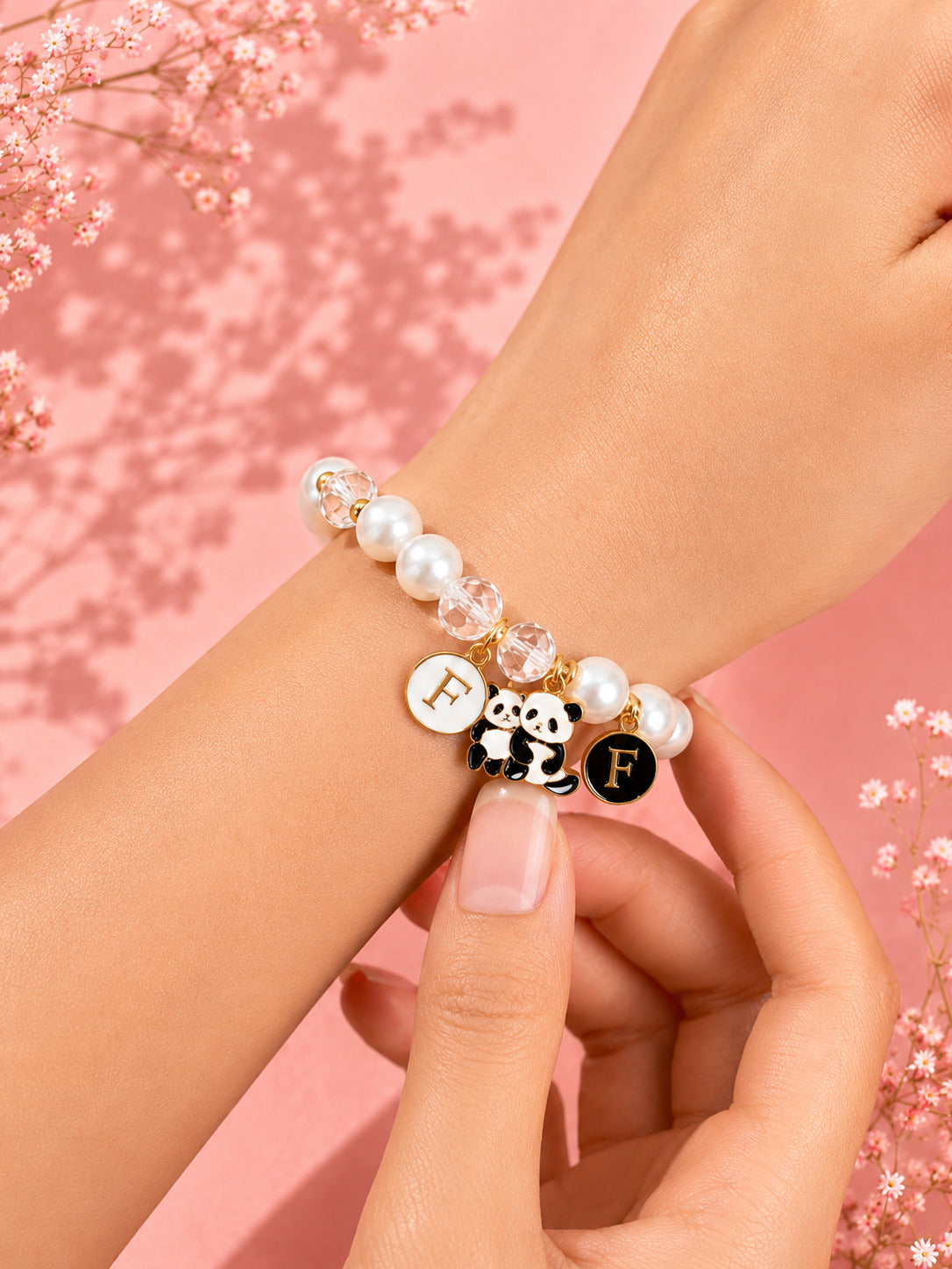 PANASH Cute Panda Charm Pearl Friendship Bracelet with Gold Earrings – Luxury Gift Set