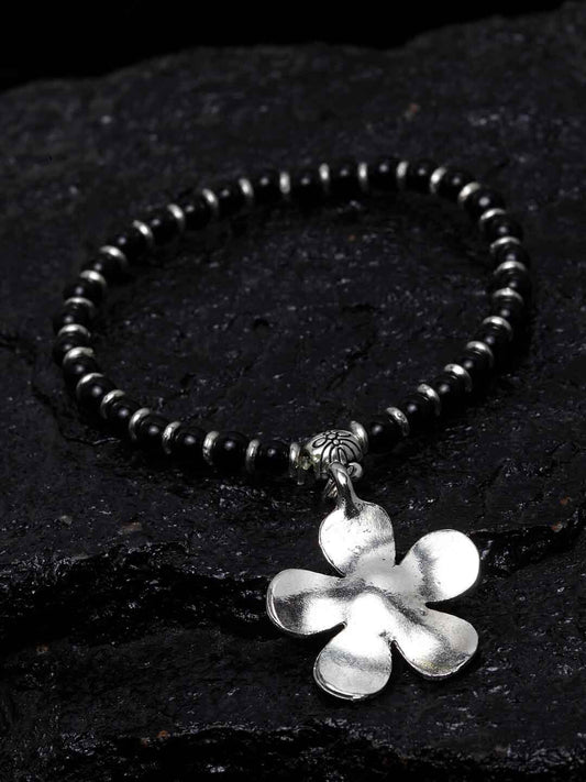 Oxidized Silver-Plated & Black Beaded Anklet