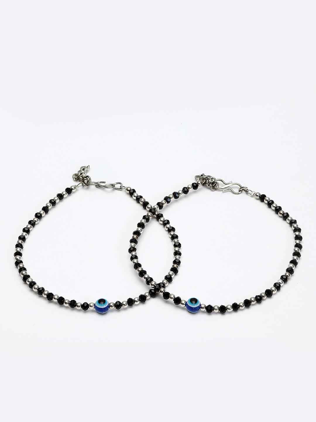 Set Of 2 Silver-Plated Black & Blue Beaded Evil Eye Handcrafted Anklets