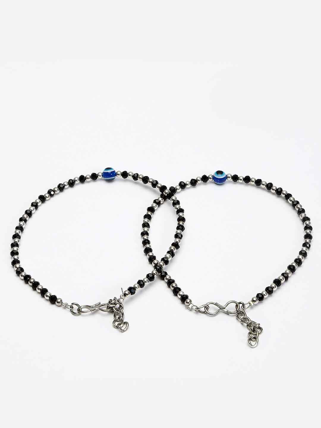 Set Of 2 Silver-Plated Black & Blue Beaded Evil Eye Handcrafted Anklets