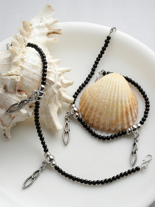 Set Of 2 Oxidized Silver-Plated Black Beaded Handcrafted Anklets