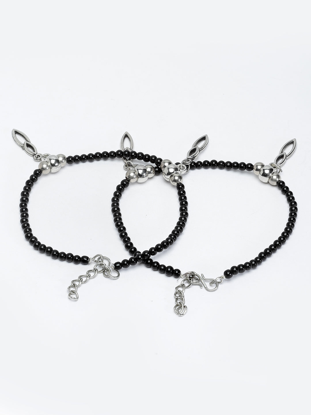 Set Of 2 Oxidized Silver-Plated Black Beaded Handcrafted Anklets