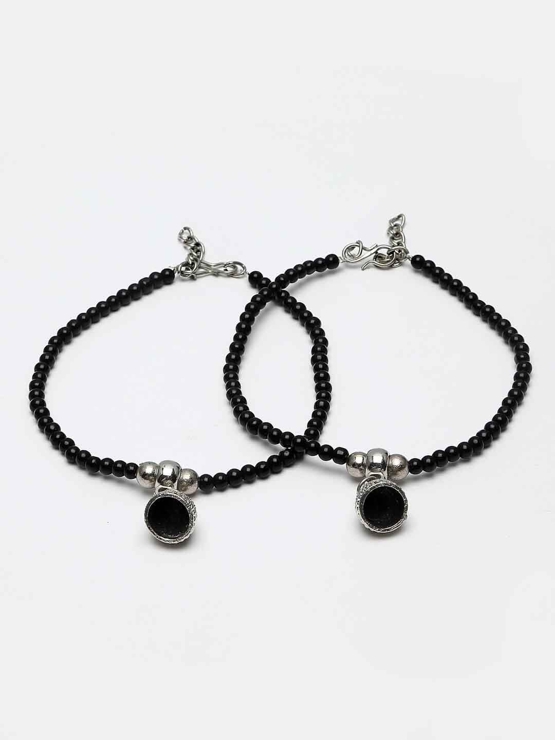 Set Of 2 Oxidized Silver-Plated Black Beaded Handcrafted Anklets