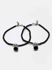 Set Of 2 Oxidized Silver-Plated Black Beaded Handcrafted Anklets