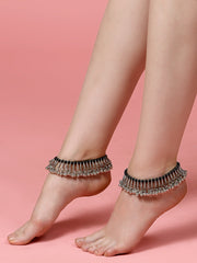 Set Of 2 Silver-Plated Beaded Anklets