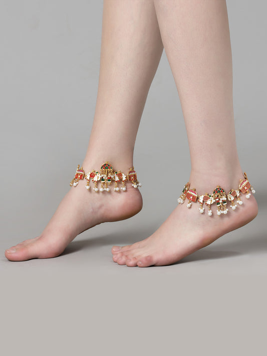 Set Of 2 Gold-Plated Stones-Studded & Pearls Beaded Anklets