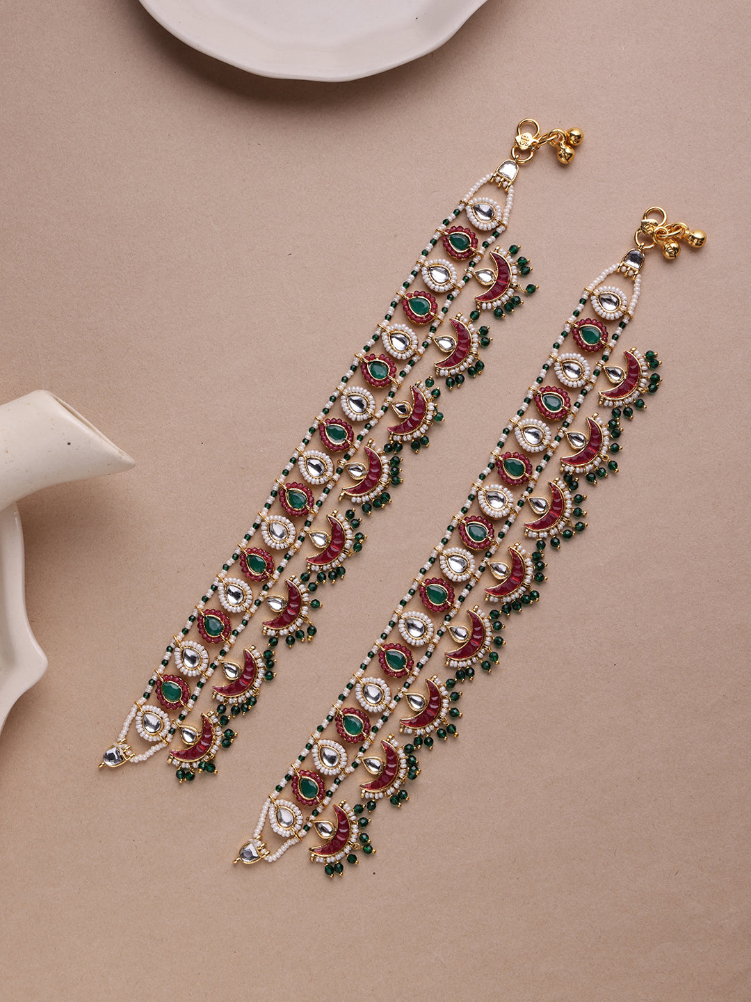 Pack Of 2 Gold-Plated Kundan Studded Anklets