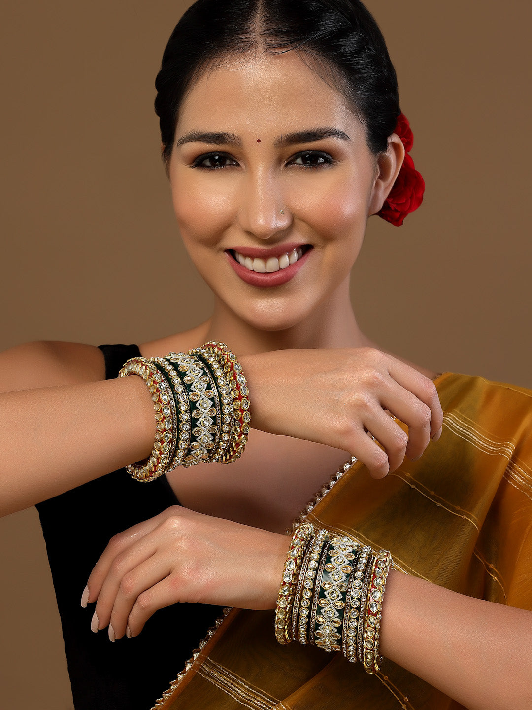 Set Of 16 Gold-Plated Stone Studded Bangles Chuda Set