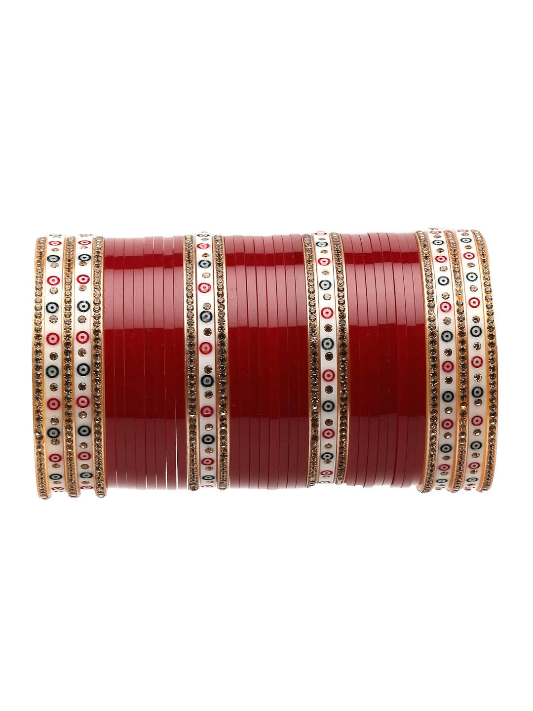 Set of 80 Gold-Plated Red CZ Stone-Studded Wedding Chuda Set