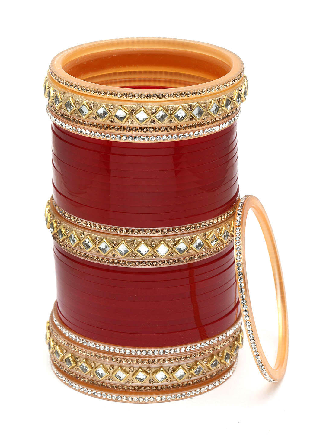 Set Of 74 Gold-Plated Red AD Stone Studded Bangle Set