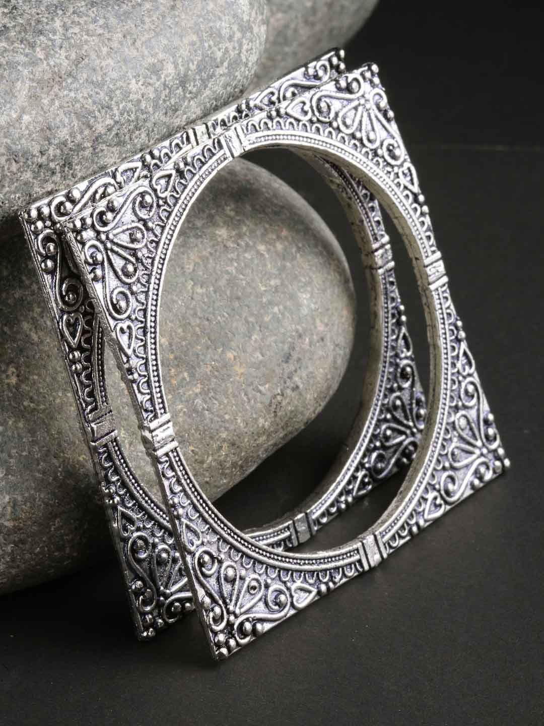 Set Of 2 Oxidized Silver-Toned Square Shaped Bangles